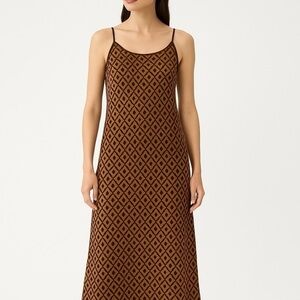 Midi Maxi Slip Dress Spaghetti Strap Cover-up Brown Caramel Diamond Print Small